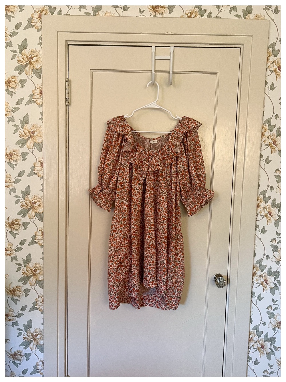 Doen Burnt Orange Floral Ruffle-Trim Mini Dress